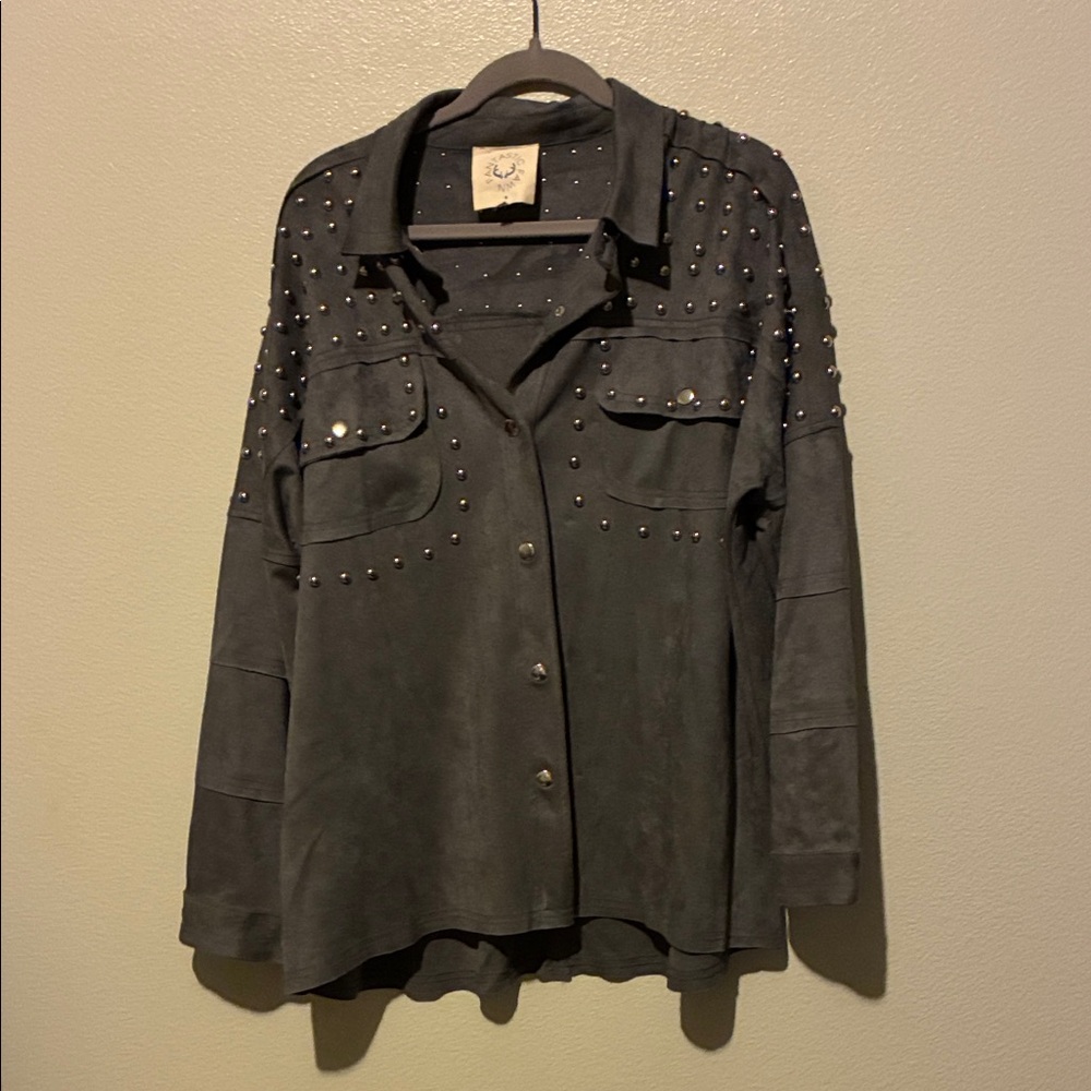 Fantastic Fawn Dark Grey Button Down Shirt with Studs